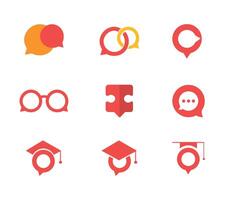 Minimalist red icons and logo set representing communication, education, and social networking in a modern flat style vector