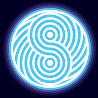 Glowing blue labyrinth-like yin-yang symbol, merging ancient philosophy with futuristic neon aesthetics vector
