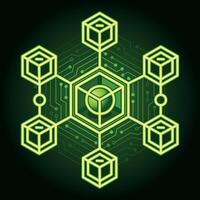 Neon green glowing blockchain-inspired cube network, representing connectivity, data, and decentralization vector