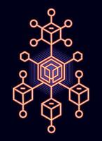 Neon orange blockchain structure with interconnected cubes, representing decentralization and digital networks vector