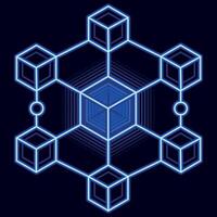 Neon blue blockchain cube network, symbolizing digital security, decentralization, and futuristic technology vector