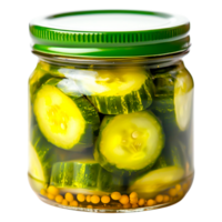 Freshly Pickled Cucumbers in a Glass Jar with Green Lid png