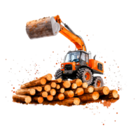 Orange Loader Lifting Log Against Stack of Timber in Forest Setting png