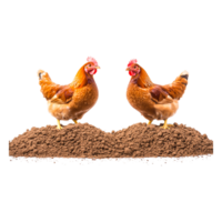 Two Colorful Chickens Standing on Soft Brown Soil png