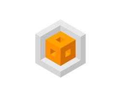Abstract isometric design featuring an orange cube within a gray hexagonal frame. Perfect for tech, engineering, architecture, or corporate presentations. vector