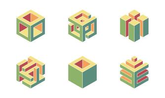 Six unique isometric cube designs in muted pastel tones. Perfect for branding, web design, or abstract backgrounds. Modern and minimalist aesthetic. vector