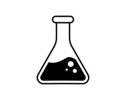 Bold black icon of an Erlenmeyer flask filled with liquid and bubbles against a white background. Perfect for science, chemistry, or laboratoryrelated designs, websites, or presentations. vector