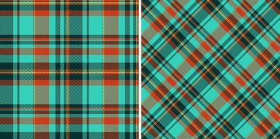 Vibrant teal and orange plaid patterns. Two seamless designs classic and diagonal. Ideal for textile prints, fashion, websites, and packaging. Adds a touch of modern rustic charm to any project. vector