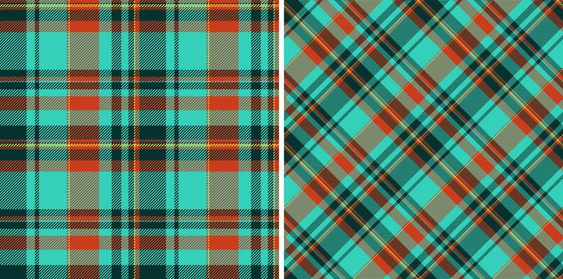 Vibrant teal and orange plaid patterns. Two seamless designs classic and diagonal. Ideal for textile prints, fashion, websites, and packaging. Adds a touch of modern rustic charm to any project.