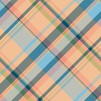 Pajamas plaid pattern background, calm tartan texture . Crossed seamless textile check fabric in cyan and orange colors. vector