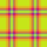 Vibrant lime green plaid pattern with orange, pink, and teal accents. Perfect for textile design, website backgrounds, or trendy fashion projects. Seamless repeat tile adds versatility. vector