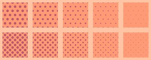 Collection of ten seamless polka dot patterns in varying densities and sizes. Perfect for textile design, website backgrounds, or scrapbooking. Versatile, minimalist style. vector