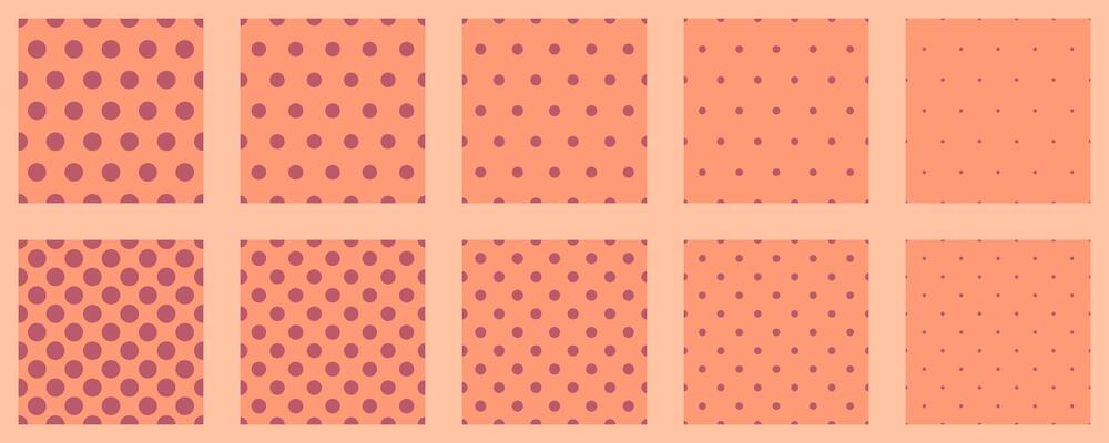 Collection of ten seamless polka dot patterns in varying densities and sizes. Perfect for textile design, website backgrounds, or scrapbooking. Versatile, minimalist style.