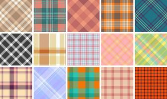 Vibrant collection of 16 seamless plaid patterns. Perfect for textile design, website backgrounds, or crafting projects. Offers diverse color palettes and styles for versatile applications. vector