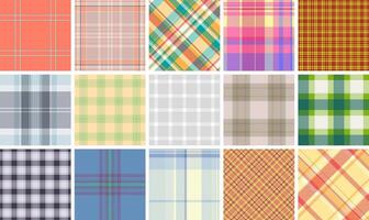 Vibrant collection of 15 diverse plaid patterns. Perfect for textile design, website backgrounds, or crafting projects. Offers a variety of colors and styles, from classic checks to modern designs. vector