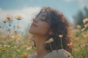 Woman immersed in nature on a sunny day in a flower field. . photo