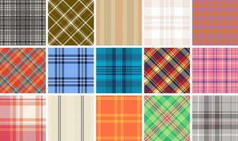 Collection of 16 vibrant plaid patterns. Ideal for textile design, fashion, web backgrounds, and scrapbooking. Various colors and styles offer diverse design options. vector