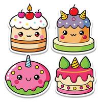 cute cake stickers set with different types of cakes on a white background vector