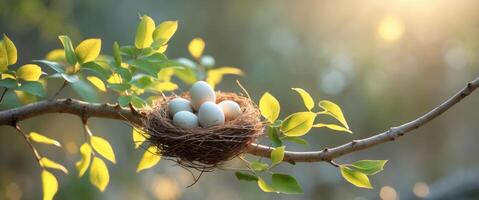 Nest with eggs resting among vibrant green leaves on a sunlit branch in a serene outdoor setting photo