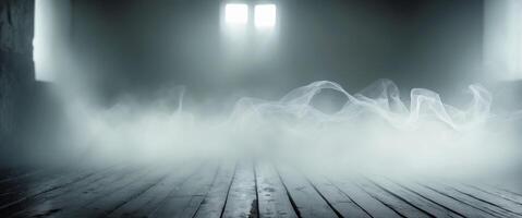 Mist drifts across a wooden floor creating a mysterious atmosphere in a dimly lit space. photo