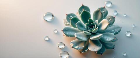Macro succulent leaf with water droplets under soft light. photo