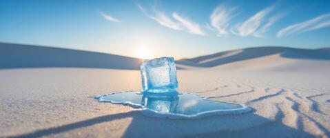 Ice Cube Melting on Desert Beach Global Warming Concept. photo