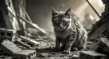 Homeless cat hiding in destroyed building rubble looking with hope. photo