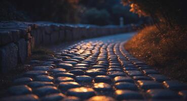 Illuminated Cobblestone Path at Night Glowing with Warm Light. photo