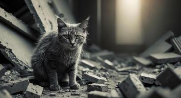 Homeless cat hiding in destroyed building rubble looking with hope photo