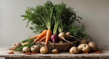 Hearty And Healthy Rustic Root Vegetables Take Center Stage In Wholesome Culinary Display. photo