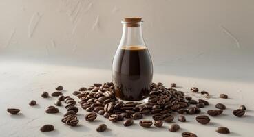 Glass bottle filled with dark beverage surrounded by scattered coffee beans on a neutral background. photo