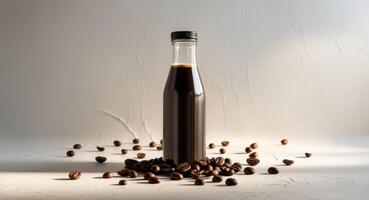 Glass bottle filled with dark beverage surrounded by scattered coffee beans on a neutral background photo