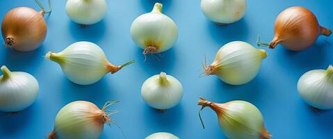 Fresh white and yellow onions arranged symmetrically on a vibrant blue background ideal for culinary presentations and decorative uses. photo