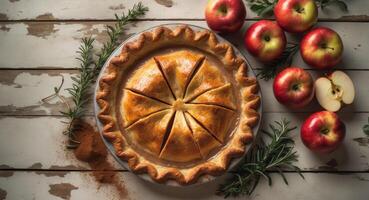 Freshly Baked Apple Pie with Golden Crust on Rustic Table Surrounded by Apples and Spices. photo