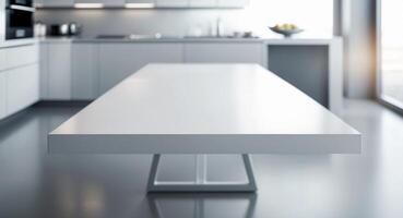 Empty white table in modern kitchen setting with blurred background. photo