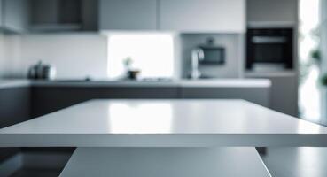 Empty white table in modern kitchen setting with blurred background photo