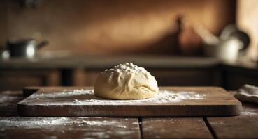 Wooden cutting board with pastry dough ready for baking and preparation in a kitchen setting. photo