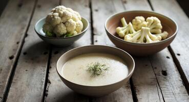 Table with a bowl of soup and a bowl of cauliflower on a wooden surface photo