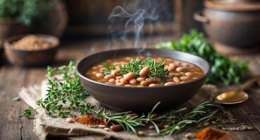 Steaming bean soup garnished with fresh herbs and spices in rustic setting photo