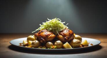 Spicy roasted chicken thighs with potatoes and cabbage salad photo
