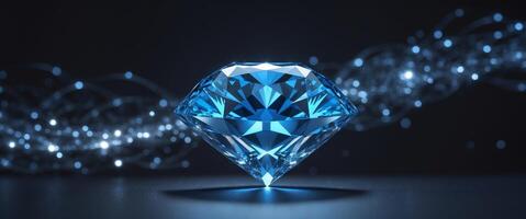Sparkling Blue Diamond on Dark Background with Shimmering Light Effects photo