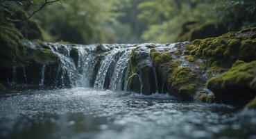 Small waterfall flows over rock creating dynamic cascade and splashes of water. photo