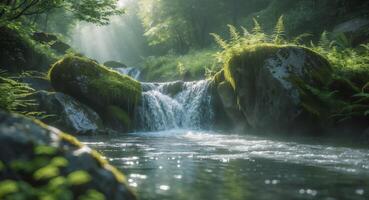 Serene Waterfall Cascading Over Rocks in a Lush Green Landscape photo