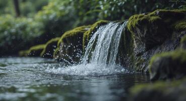 Small waterfall flows over rock creating dynamic cascade and splashes of water photo