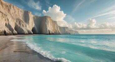 Seaside cliffs with crystal clear turquoise water under a partly cloudy sky photo