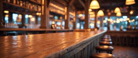 Rustic wooden bar counter illuminated by warm lights in a lively tavern setting during the evening hours. photo