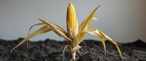 Ripe yellow corn cob on stalk husk partially open soil at base photo