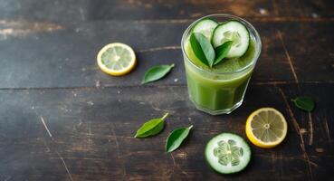 Refreshing Green Juice with Cucumber and Lemon Slices in a Glass on a Wooden Table photo