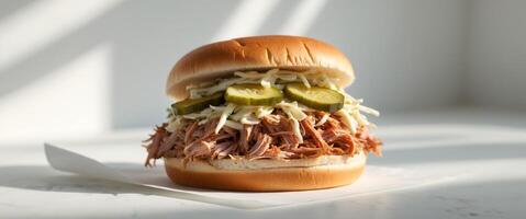 Pulled Pork Sandwich with Coleslaw and Pickles. photo