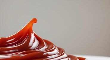 close up view of smooth glossy ketchup with wavy texture. photo